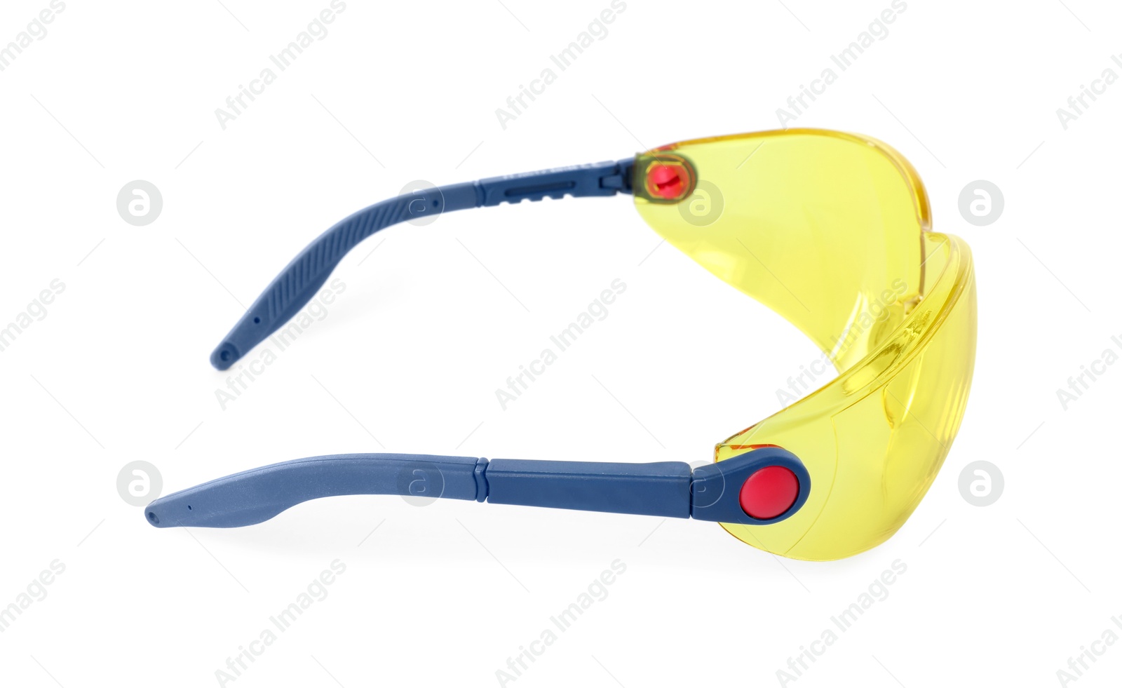 Photo of Protective goggles isolated on white. Safety equipment