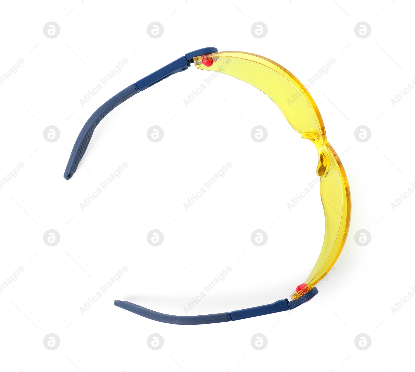 Photo of Protective goggles isolated on white, top view. Safety equipment