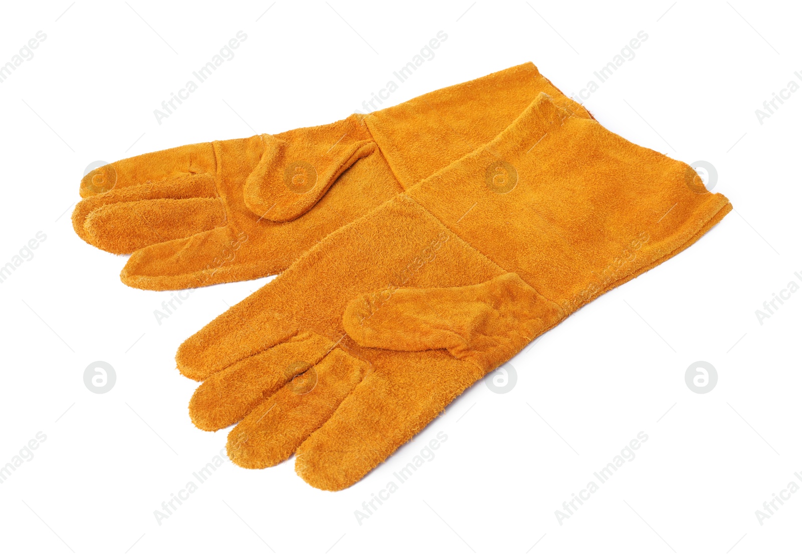 Photo of Protective gloves isolated on white. Safety equipment