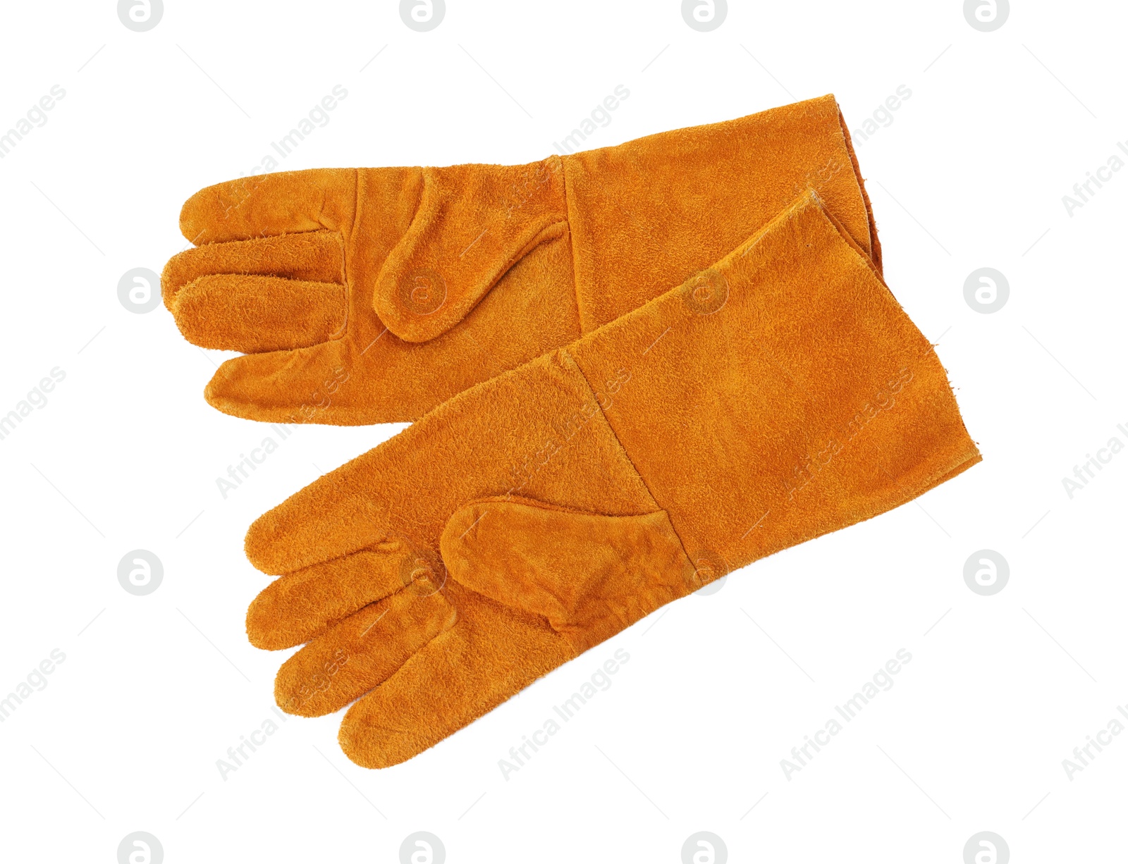Photo of Protective gloves isolated on white, top view. Safety equipment
