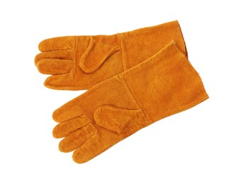 Protective gloves isolated on white, top view. Safety equipment