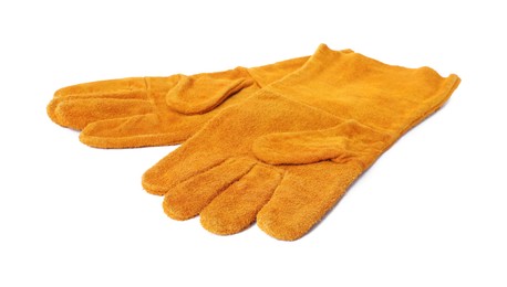 Photo of Protective gloves isolated on white. Safety equipment