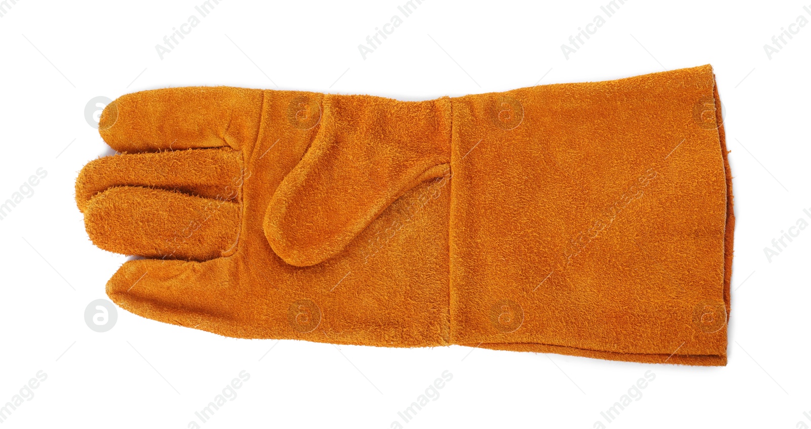 Photo of Protective glove isolated on white, top view. Safety equipment