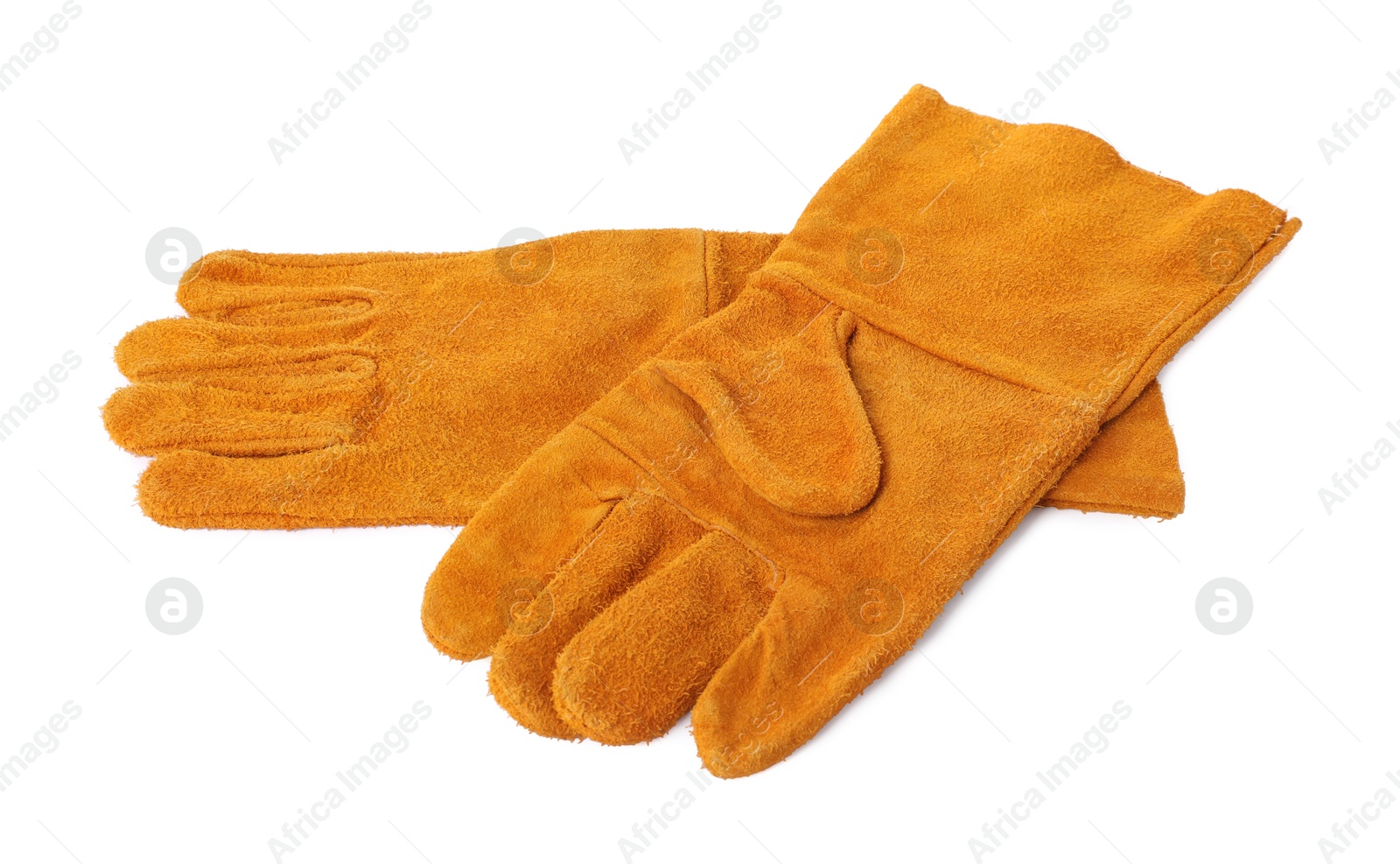 Photo of Protective gloves isolated on white. Safety equipment