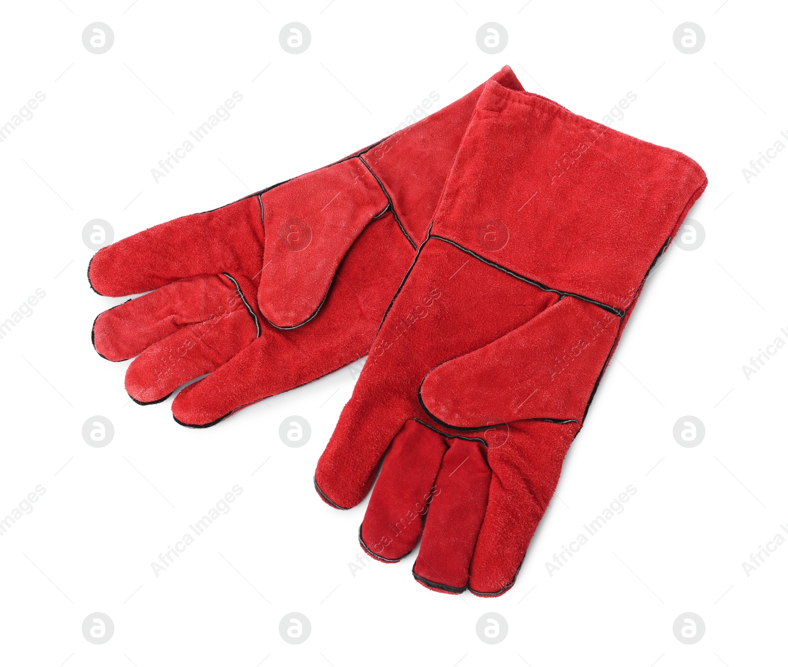 Photo of Protective gloves isolated on white, top view. Safety equipment