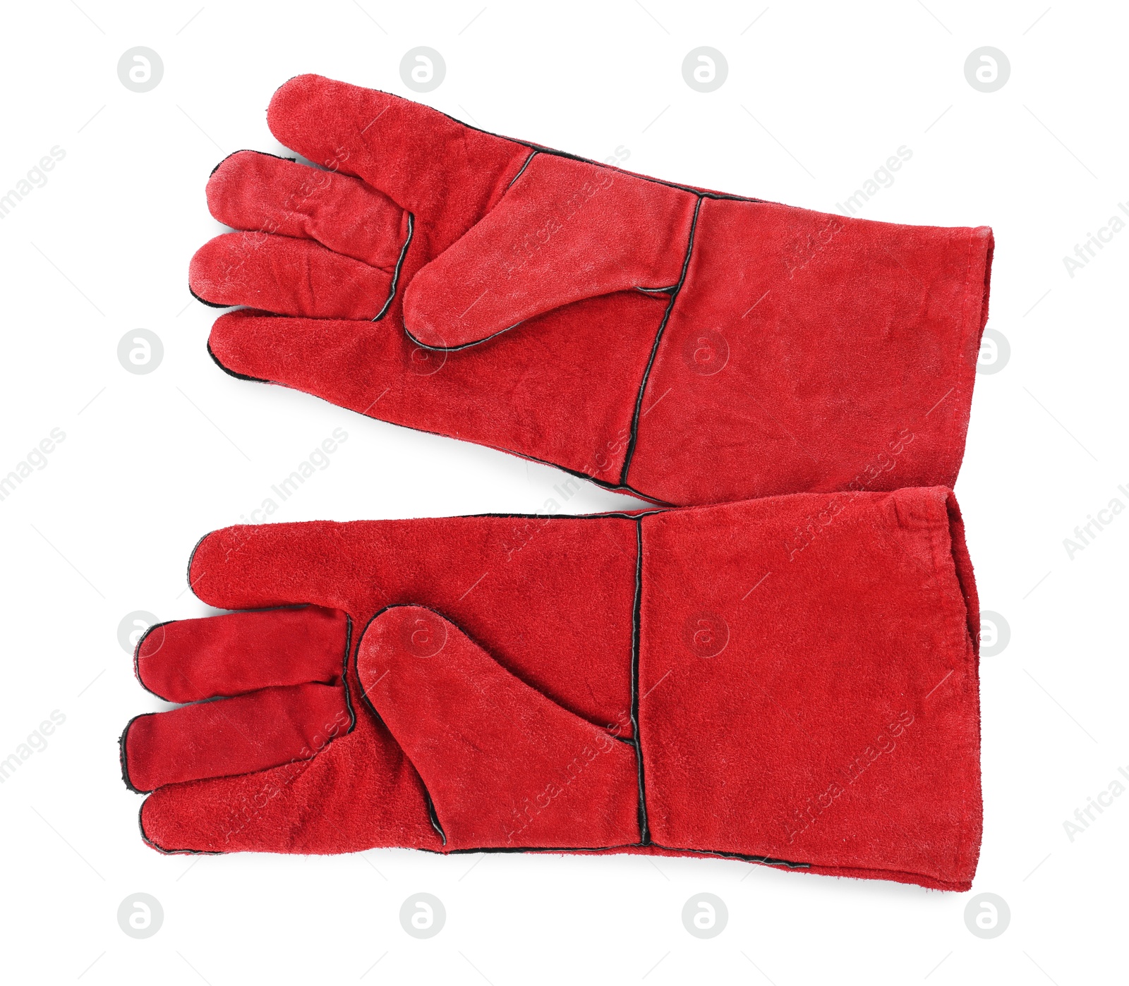 Photo of Protective gloves isolated on white, top view. Safety equipment