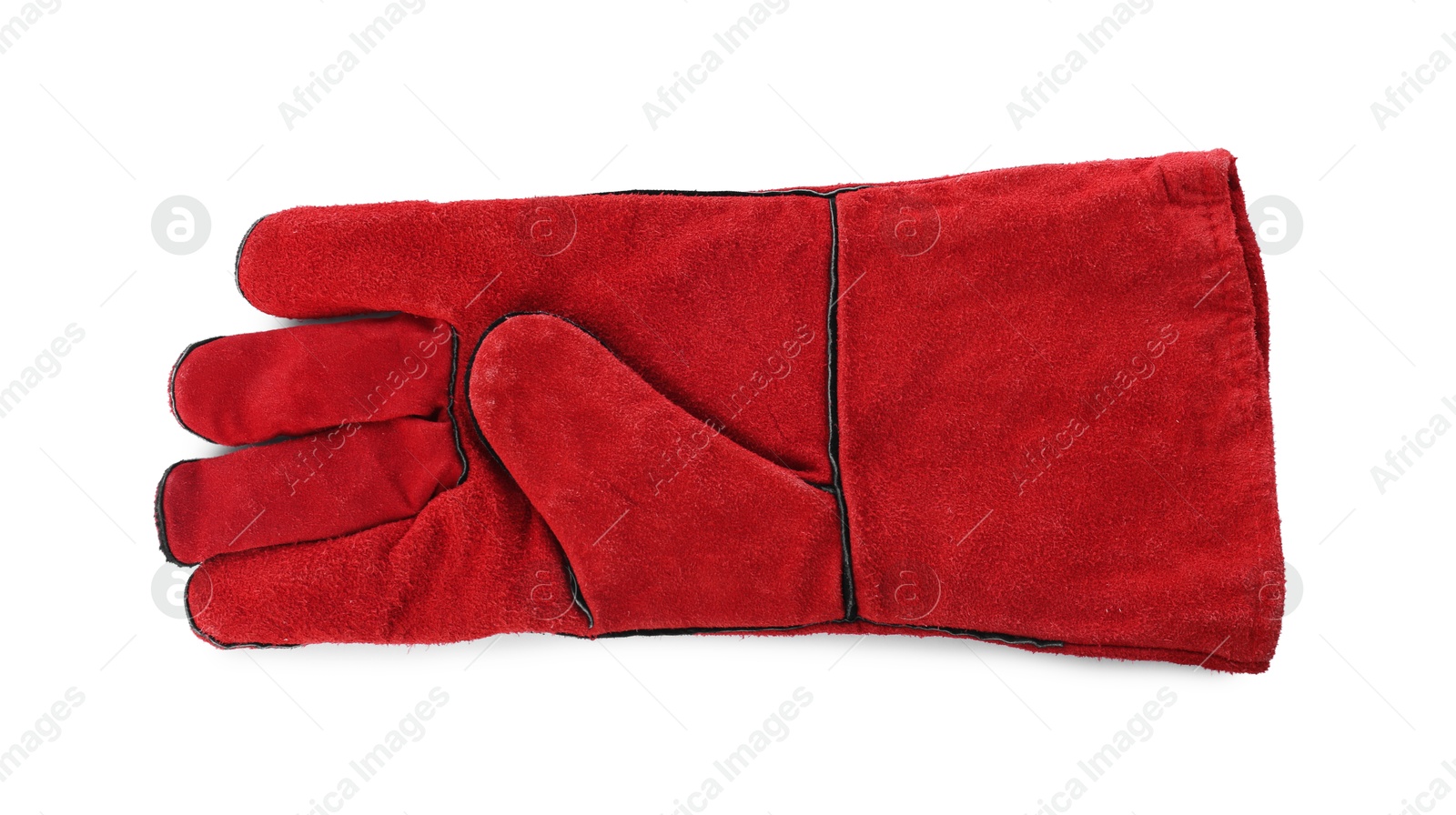 Photo of Protective glove isolated on white, top view. Safety equipment