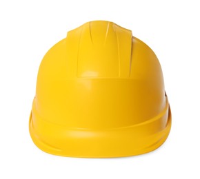 Photo of Yellow hard hat isolated on white. Safety equipment