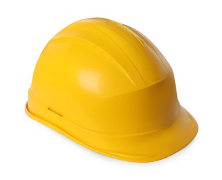 Photo of Yellow hard hat isolated on white. Safety equipment