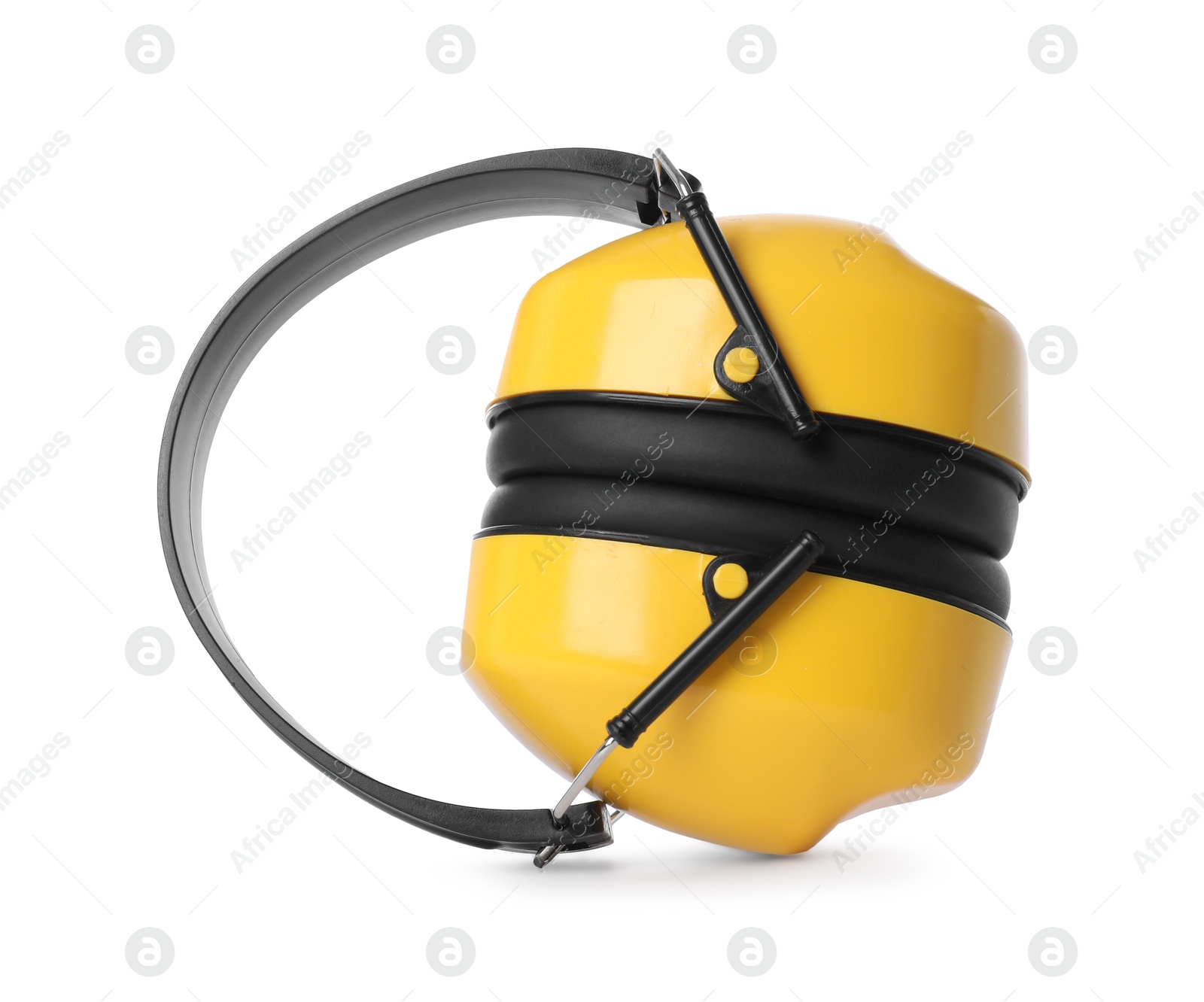 Photo of Yellow earmuffs isolated on white. Safety equipment