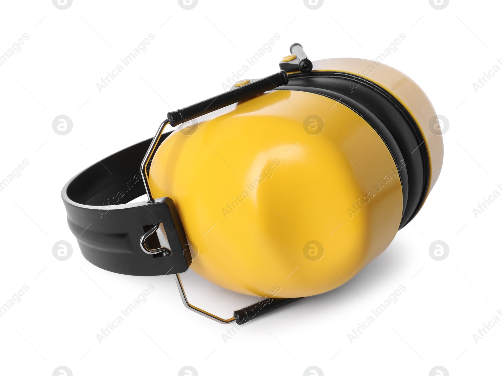 Photo of Yellow earmuffs isolated on white. Safety equipment