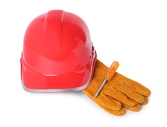 Photo of Hard hat, protective gloves and screwdriver isolated on white