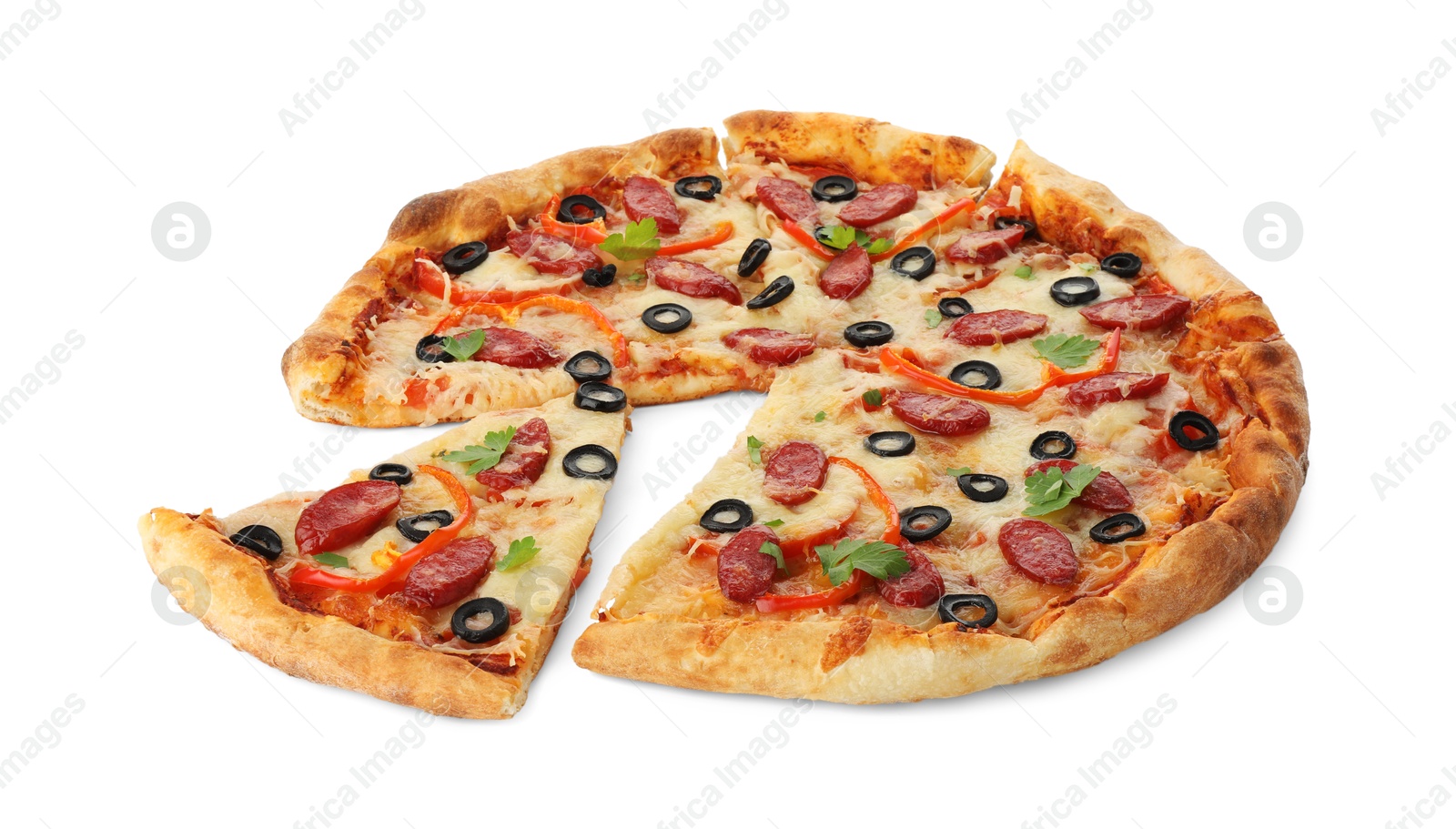 Photo of Tasty pizza with dry smoked sausages, olives, pepper and cheese isolated on white