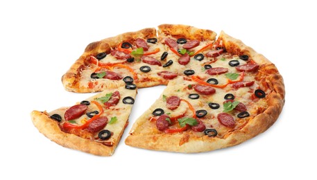 Tasty pizza with dry smoked sausages, olives, pepper and cheese isolated on white