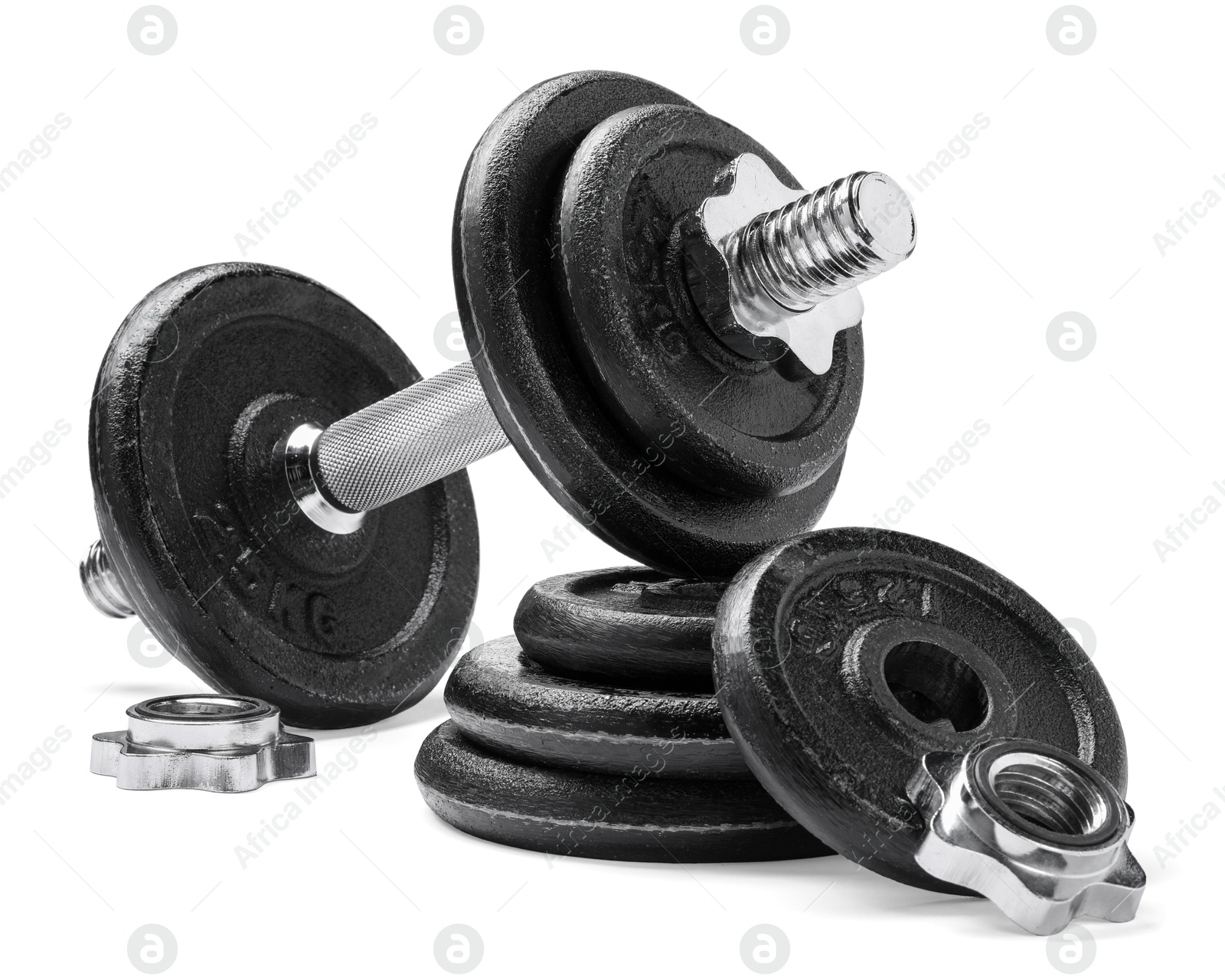 Photo of Metal dumbbell and parts on white background. Sports equipment