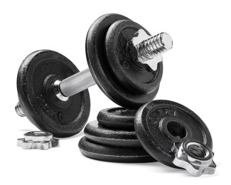 Metal dumbbell and parts on white background. Sports equipment