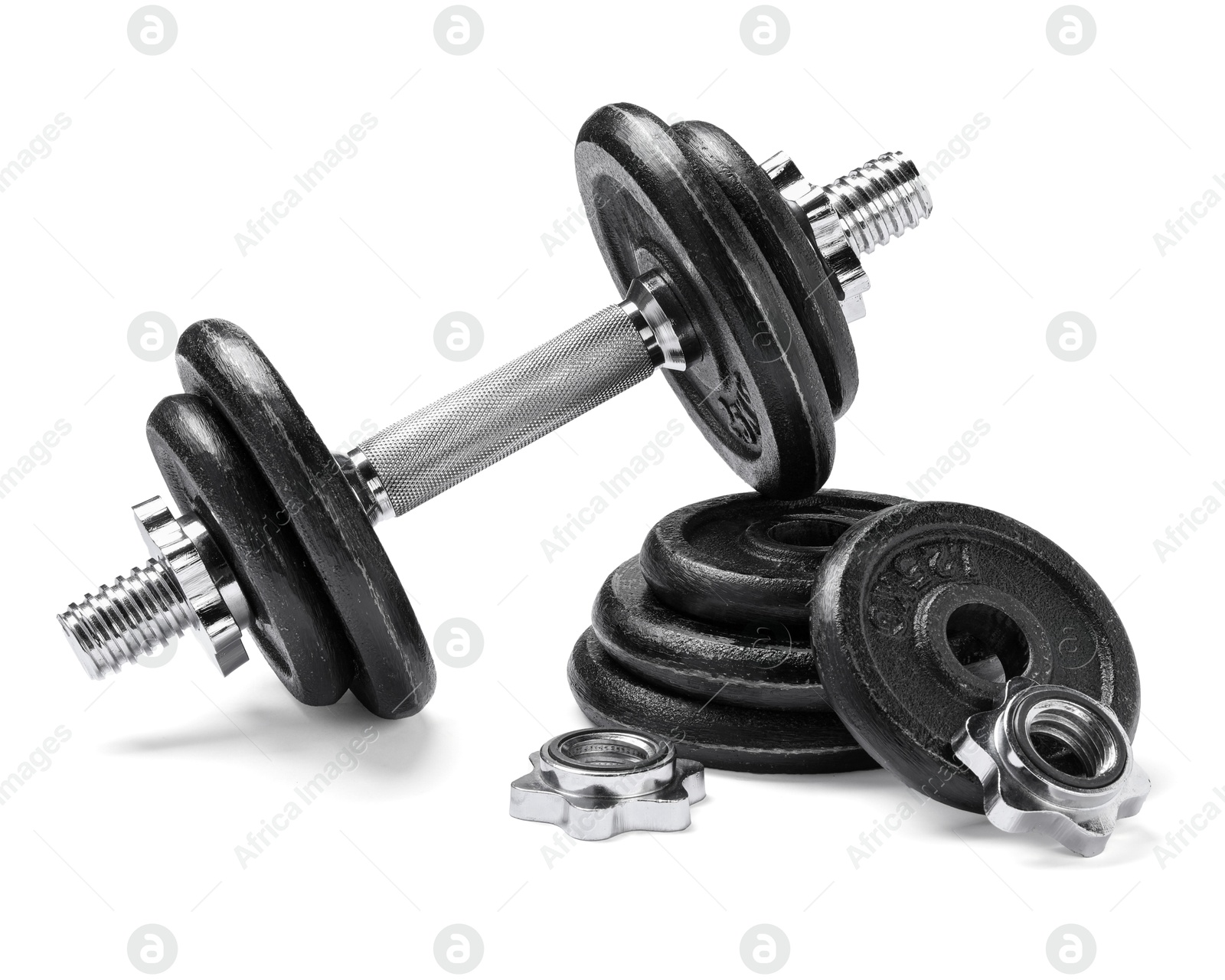 Photo of Metal dumbbell and parts on white background. Sports equipment