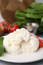 Photo of Delicious fresh burrata cheese with basil on table, closeup