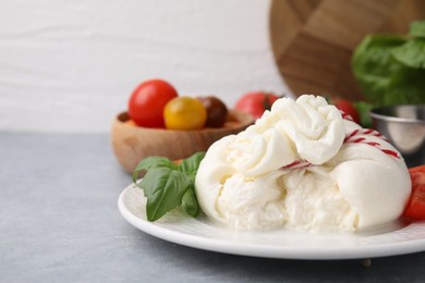 Delicious fresh burrata cheese with basil leaves on grey table, space for text