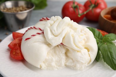 Delicious fresh burrata cheese with basil leaves and tomato on grey table, closeup