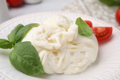 Delicious burrata cheese, tomatoes and basil on table, closeup