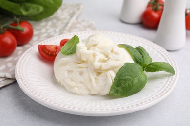 Photo of Delicious burrata cheese, tomatoes and basil on light table, closeup