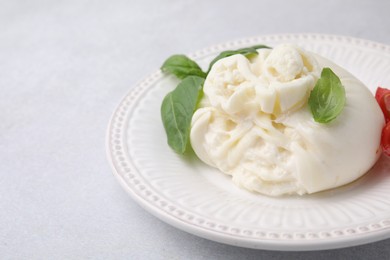 Photo of Delicious burrata cheese and basil on light table, closeup. Space for text