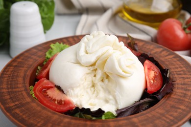 Photo of Delicious burrata salad in bowl on table, closeup