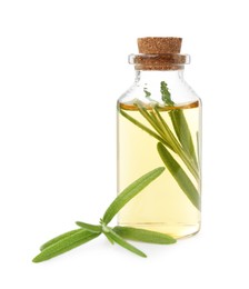 Photo of Bottle of rosemary essential oil isolated on white