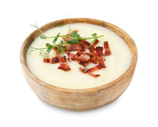 Photo of Delicious potato soup with bacon and microgreens in bowl isolated on white