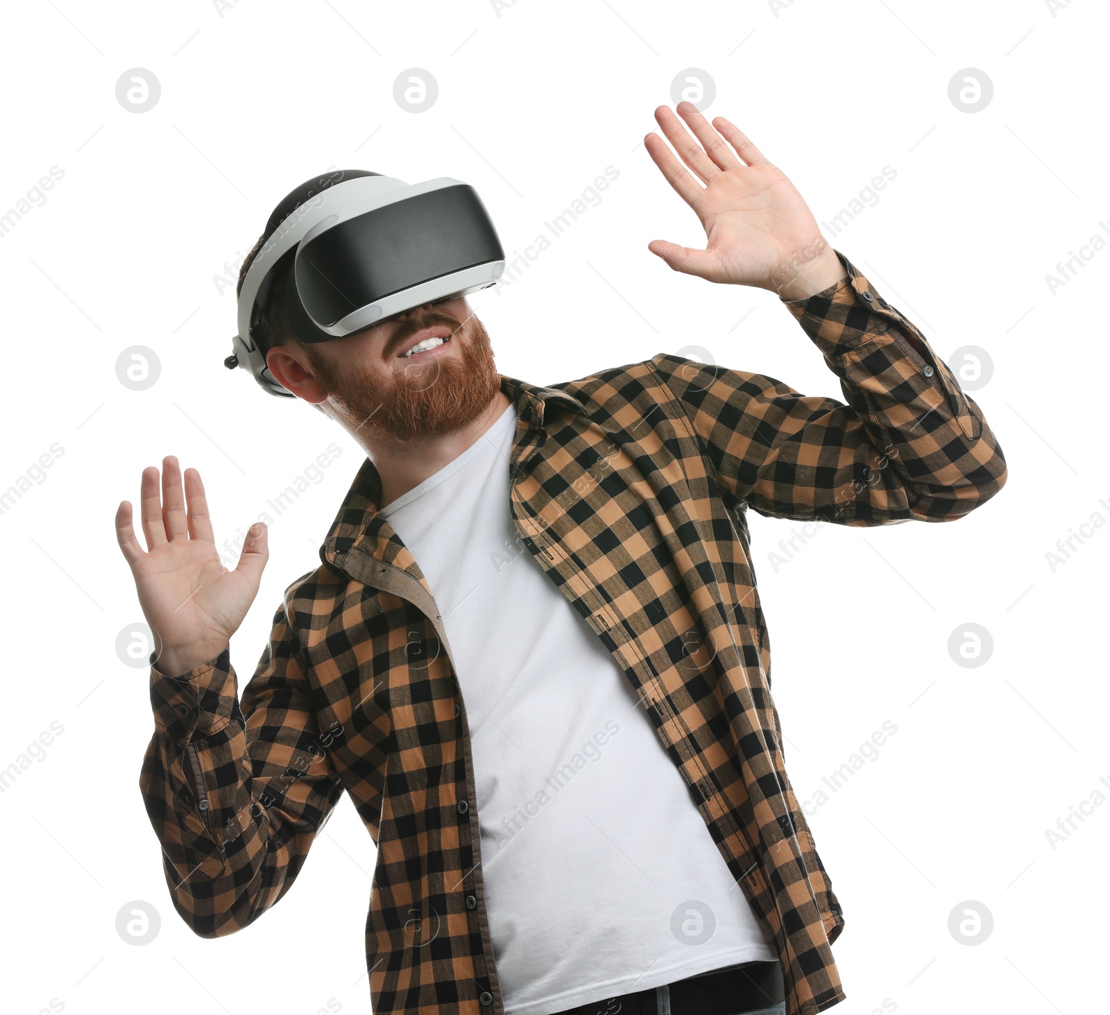 Photo of Man using virtual reality headset on white background