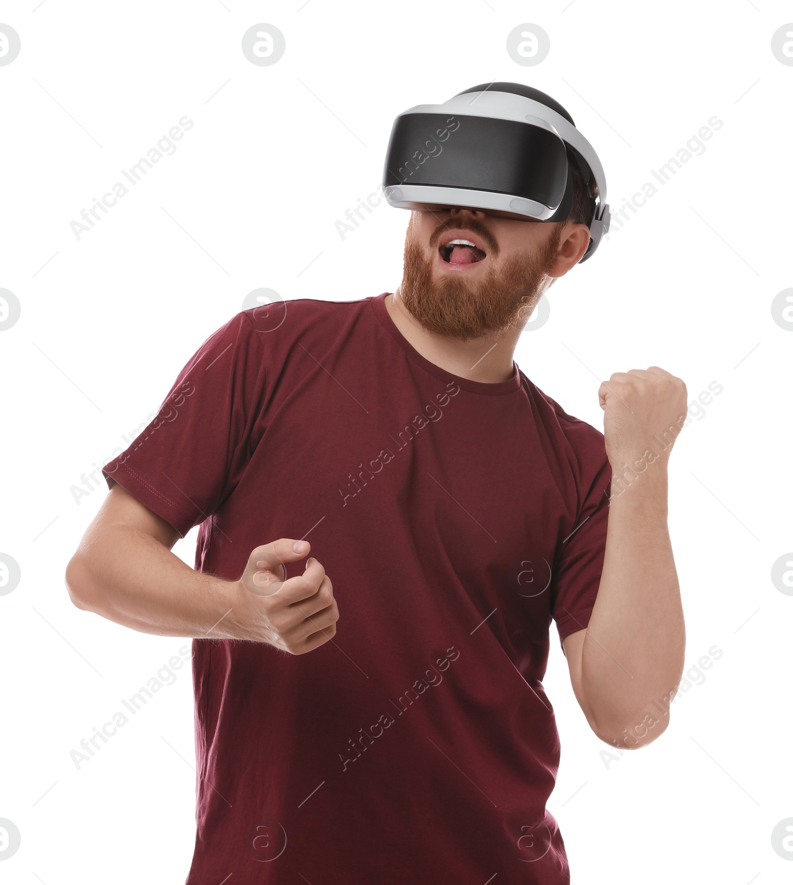 Photo of Emotional man using virtual reality headset on white background