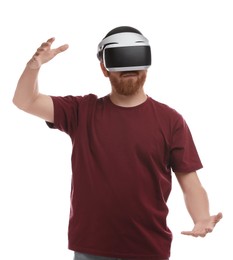 Photo of Man using virtual reality headset on white background