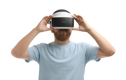 Photo of Man using virtual reality headset on white background