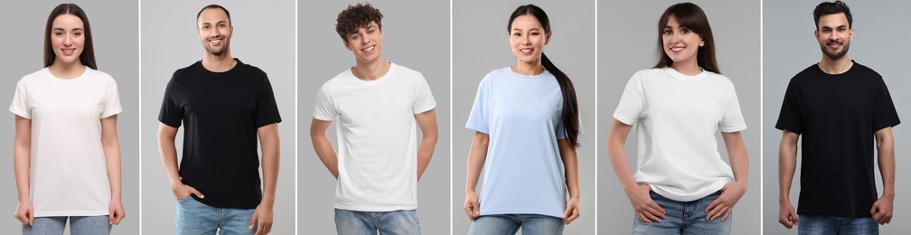 Women and men in different t-shirts on grey background. Collage of photos