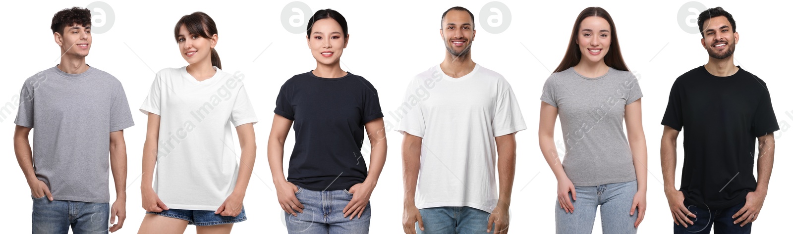 Image of Women and men in different t-shirts on white background