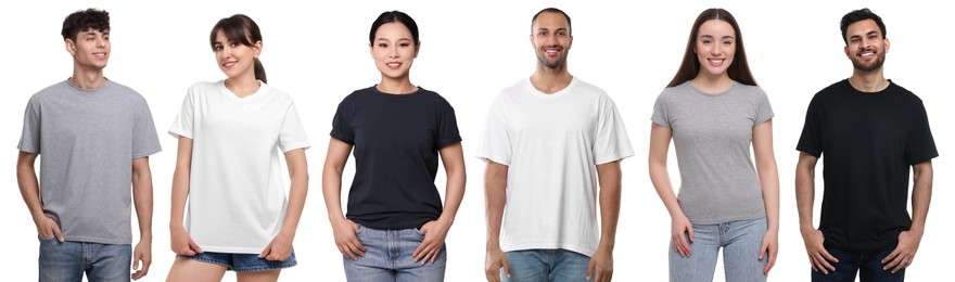 Women and men in different t-shirts on white background