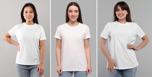 Women in white t-shirts on grey background. Collage of photos
