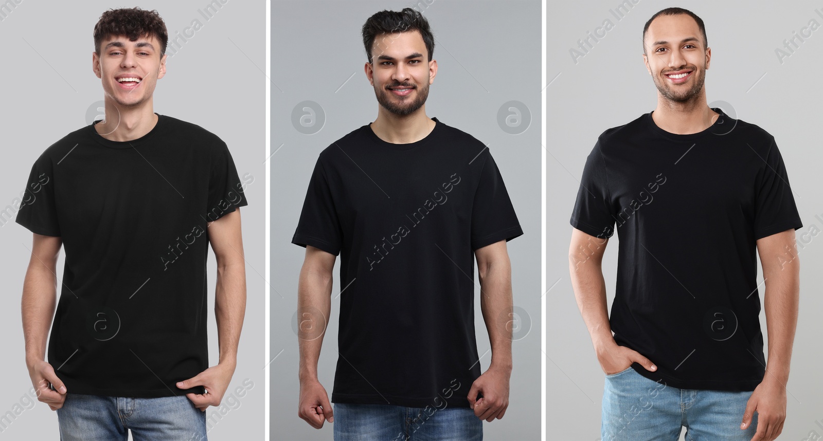 Image of Men in black t-shirts on grey background. Collage of photos