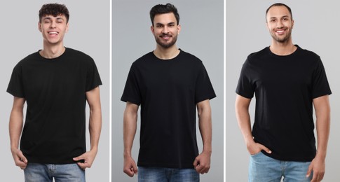 Men in black t-shirts on grey background. Collage of photos