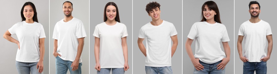 Image of Women and men in white t-shirts on grey background. Collage of photos
