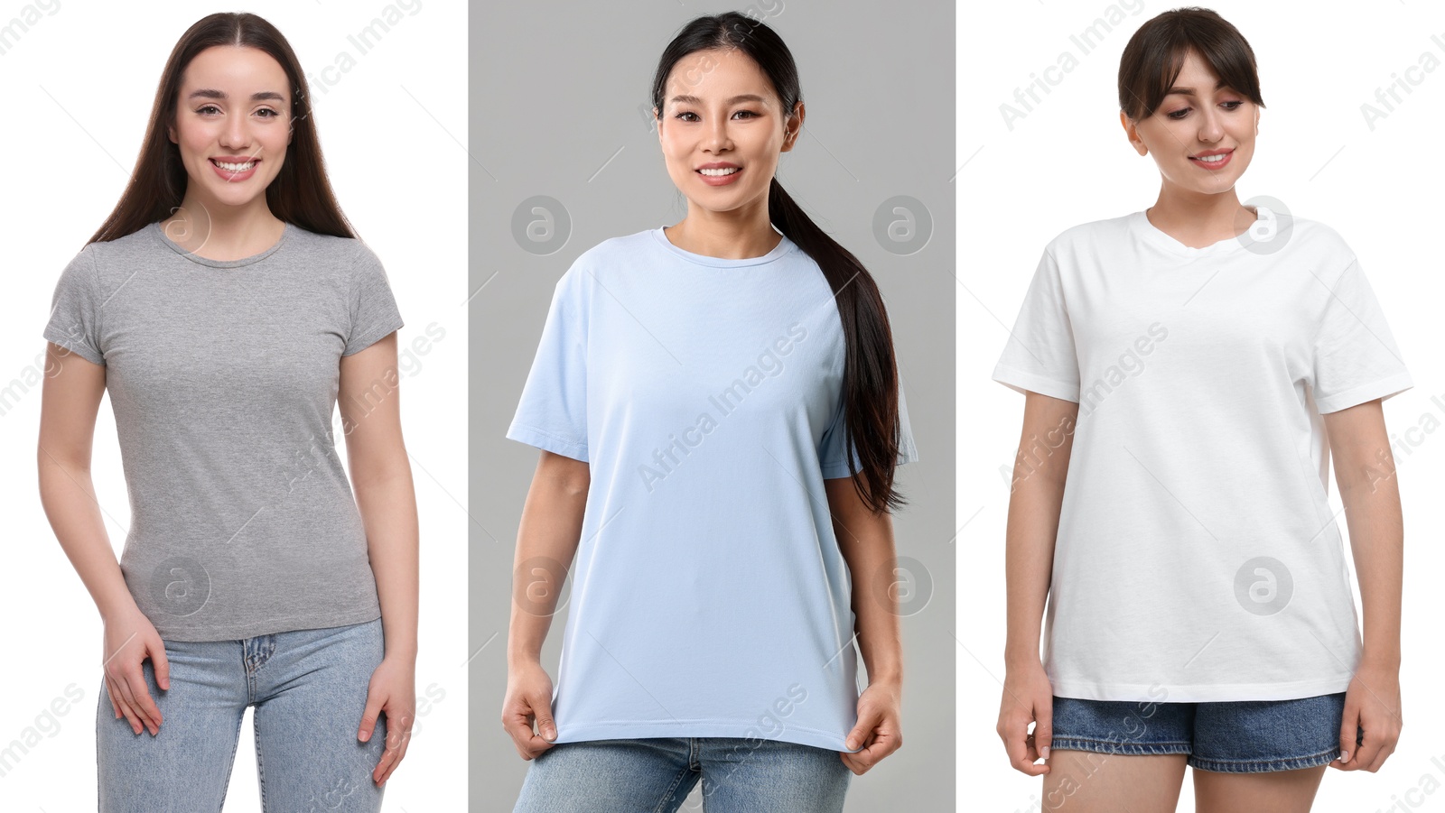 Image of Women in t-shirts on different color backgrounds. Collage of photos