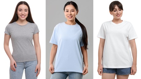 Women in t-shirts on different color backgrounds. Collage of photos