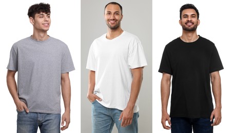 Men in t-shirts on different color backgrounds. Collage of photos