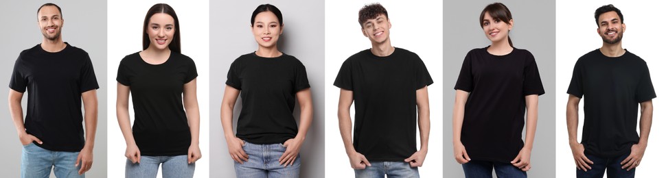Image of Women and men in black t-shirts on different color backgrounds. Collage of photos
