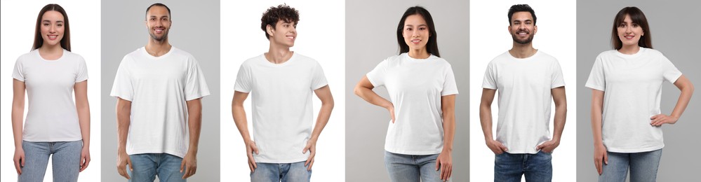 Women and men in white t-shirts on different color backgrounds. Collage of photos