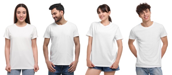 Women and men in white t-shirts on white background