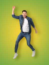 Image of Positive man jumping on yellow green gradient background