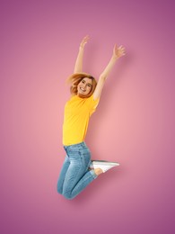 Image of Positive woman jumping on purple pink gradient background