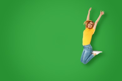 Image of Positive woman jumping on green background. Space for text
